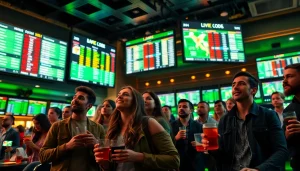 Engaging scene showcasing Sports Betting with diverse bettors closely following live odds in a vibrant sportsbook.