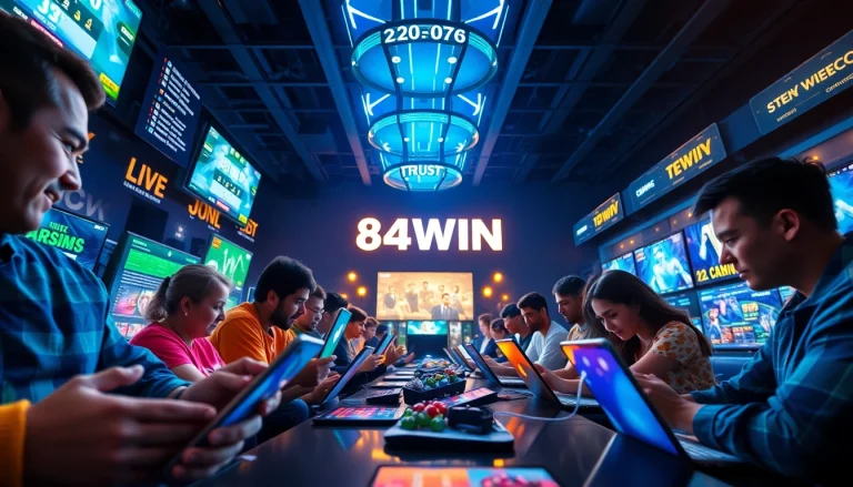 Dynamic online gaming scene at 84WIN, showcasing players engaged on devices in a vivid, interactive environment.
