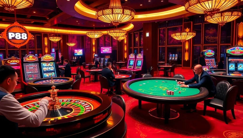 Excited players engaging at PU88 casino tables with lavish designs and vibrant colors.