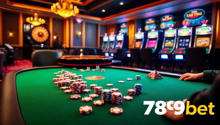 High-stakes poker action at a 789bet casino table filled with vibrant chips and a spinning roulette wheel.