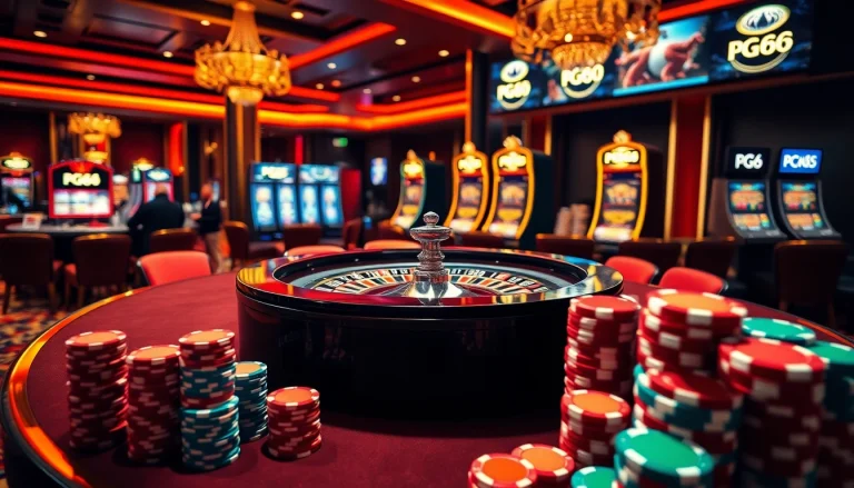 Players enjoying the vibrant PG66 casino experience with roulette and slot machines.