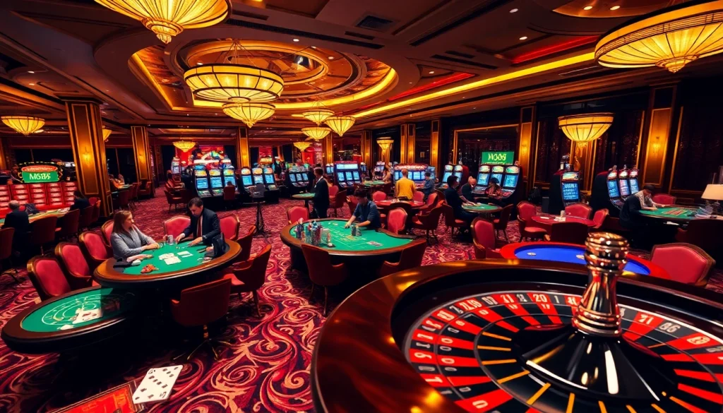 Exciting MM88 casino scene with players engaged in games, vibrant atmosphere, and luxurious decor.