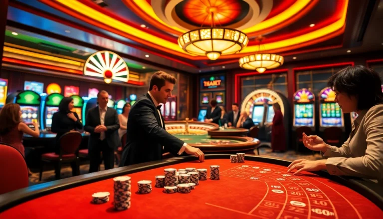 Gamblers enjoying exhilarating games at THABET casino, with chips and roulette wheel.