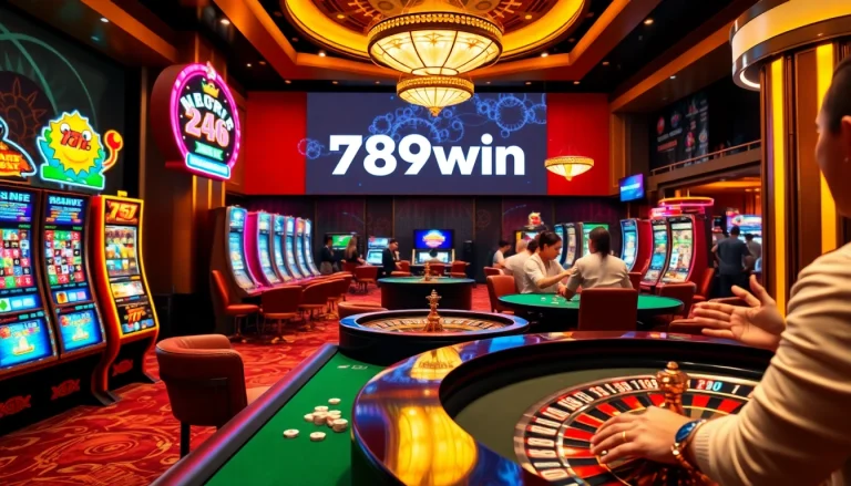 Players enjoying exciting games at 789win's luxurious casino floor with vibrant slot machines.