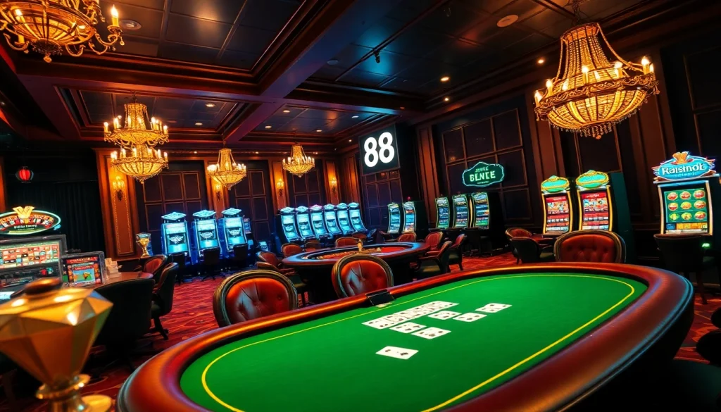 Gambling excitement at a vibrant casino featuring a bet 88 poker table and roulette wheel.