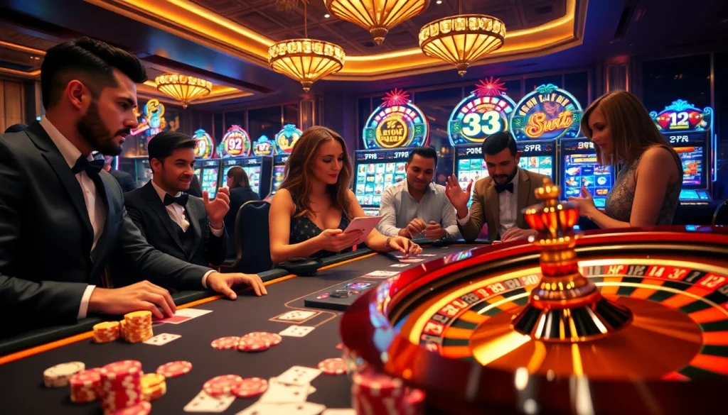Players enjoying a thrilling moment at the 13win casino table with poker chips and cards.