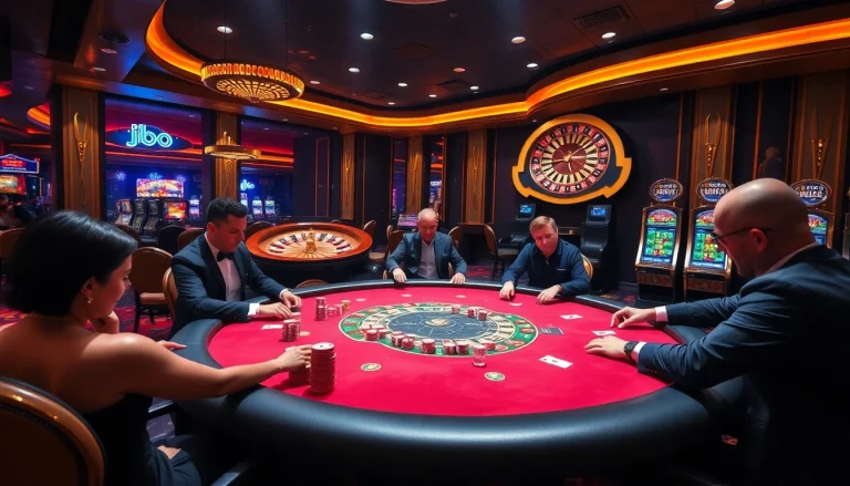 Players strategizing around a high-stakes poker table in a premium casino setting featuring jbo signs.