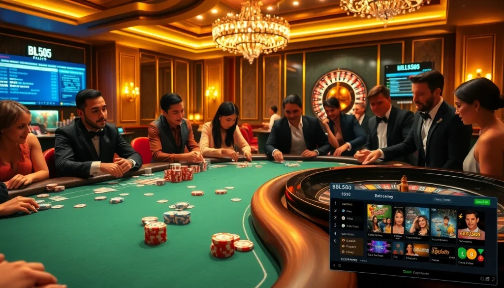 Experience the excitement of BL555 with vibrant casino tables and engaging players in a luxurious gambling atmosphere.