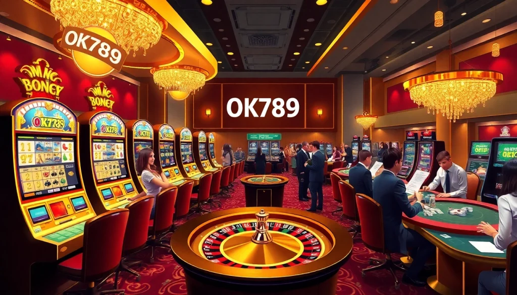 Excited gamblers win big at the slot machines featuring the OK789 brand, showcasing a thrilling casino atmosphere.