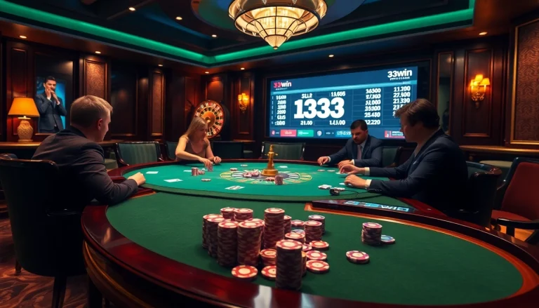 Engaged gamblers strategize at a poker table while betting on 33win odds in a luxurious casino setting.