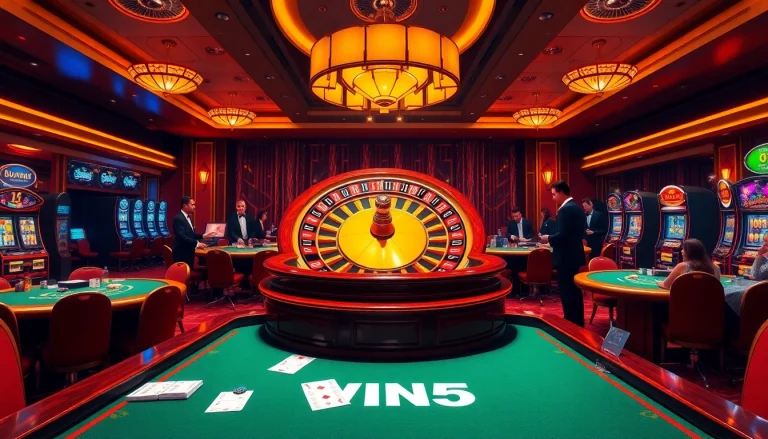 Engaging scene of players celebrating their win55 triumph at a luxurious casino with roulette and poker.