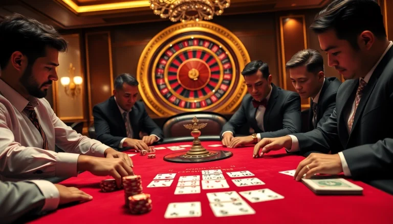 Players engage in a thrilling W88 poker game at a luxurious casino table, showcasing excitement and strategy.