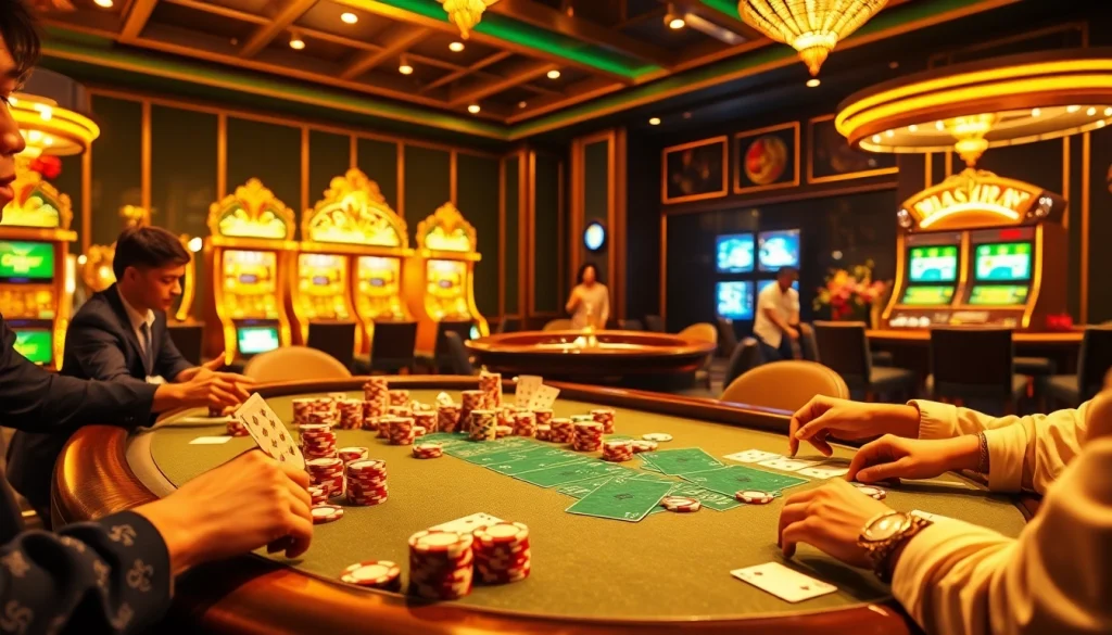 Engaged players enjoying a thrilling birutoto gaming experience at a luxurious casino poker table.