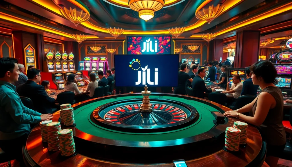 Players enjoying thrilling games at JILI's vibrant online casino, showcasing excitement and luxury.