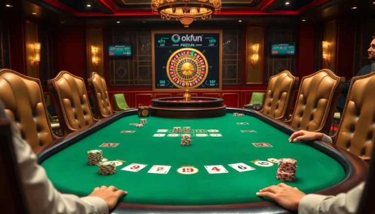 Experience the excitement of Okfun at a luxury poker table surrounded by enthusiastic players.