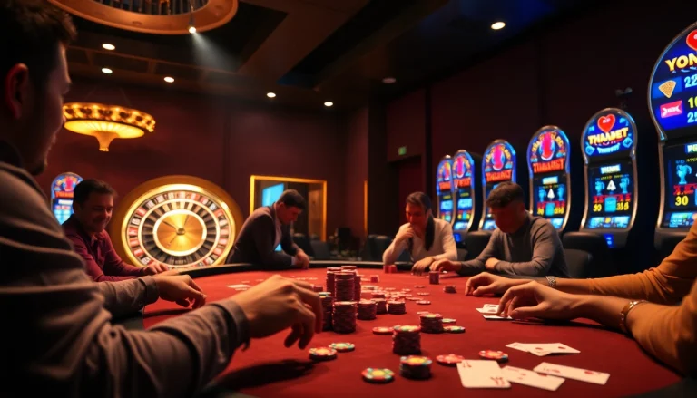THABET poker table with players celebrating wins, highlighting thrilling casino experience.