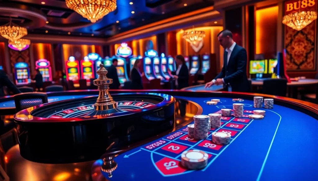 Experience the excitement of Bu88 at a luxurious casino with vibrant gaming tables and rich colors.