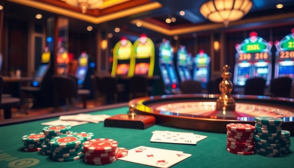Engaging casino scene showcasing 22JL poker chips and vibrant gaming elements.