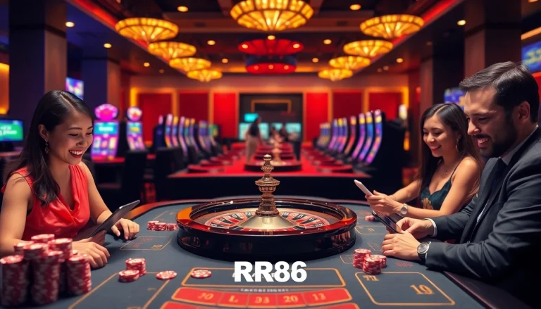 RR88 casino scene showcasing a modern online gaming interface with roulette and poker elements.