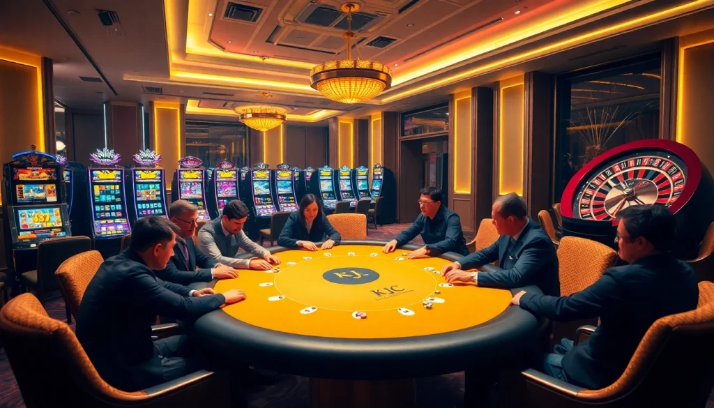 KJC poker players engaged in high-stakes action at a vibrant casino table.