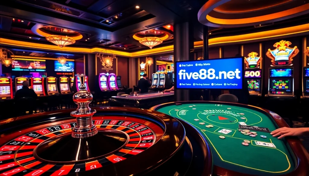 Excitement at a casino table showcasing five88v.net promotions and vibrant gambling action.