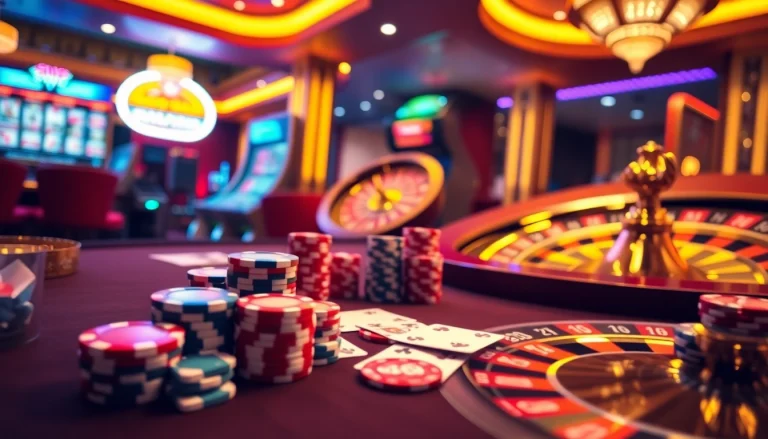 Kuwin gaming scene with poker chips, cards, and roulette wheel at a luxurious casino table.
