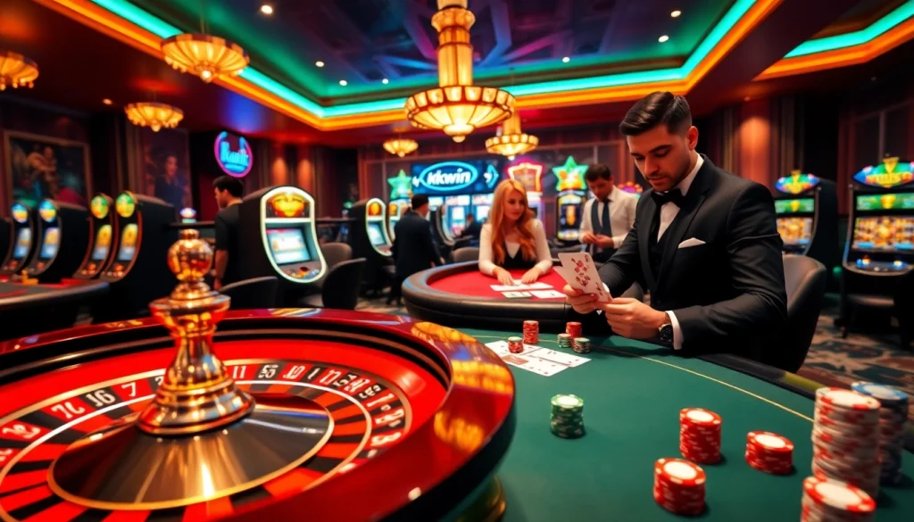 Betting action at kkwin.com with poker chips and roulette wheel in a luxurious casino.