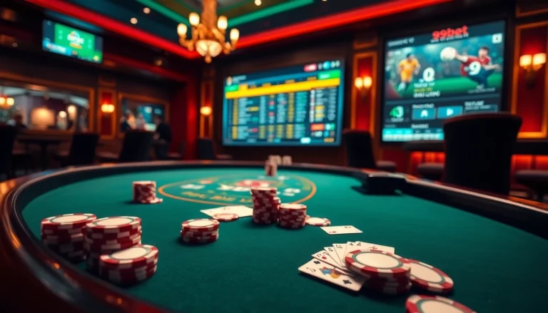 Engaging scene of a 9bet casino table with poker chips and cards, symbolizing online gambling.