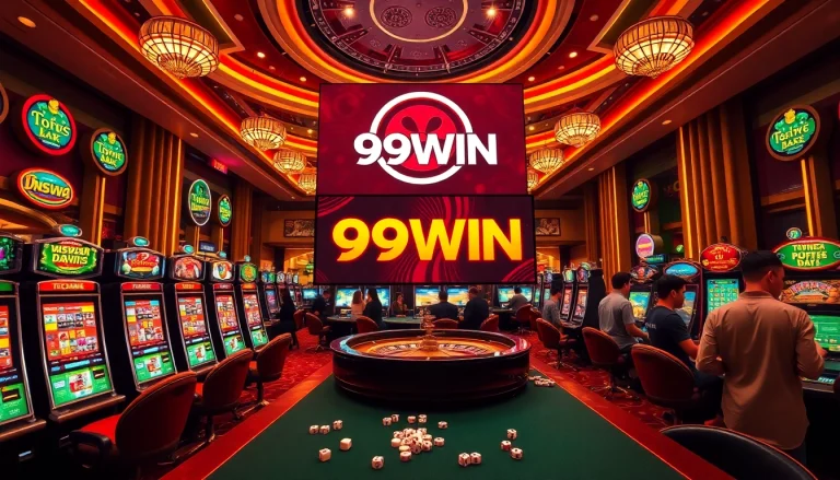 Enjoying a thrilling game at the 99WIN casino with vibrant slots and players at the table.