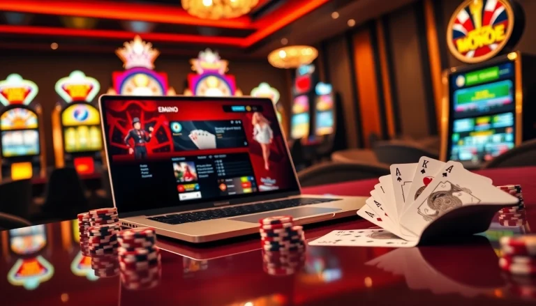 Experience the thrill of MM 88 with vibrant casino elements like poker chips and a laptop interface.