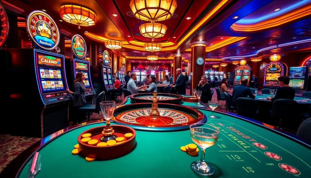 Gambling excitement at the casino featuring slot machines and poker tables on https://kkwin.life/ attracting players.