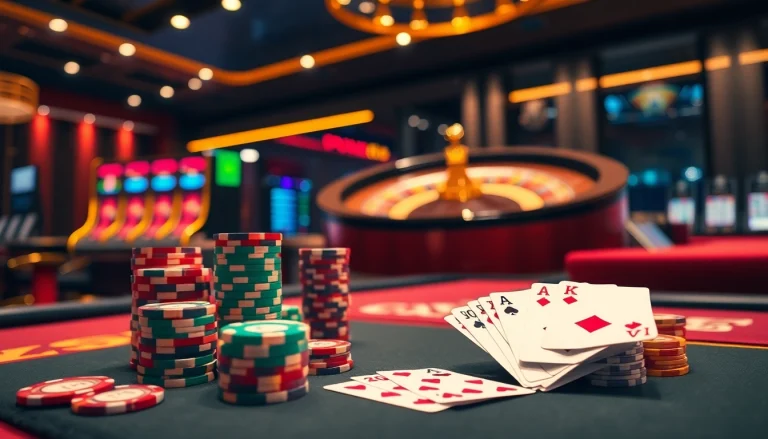 Experience the excitement of ww88 with a vibrant casino setup featuring poker tables and roulette.