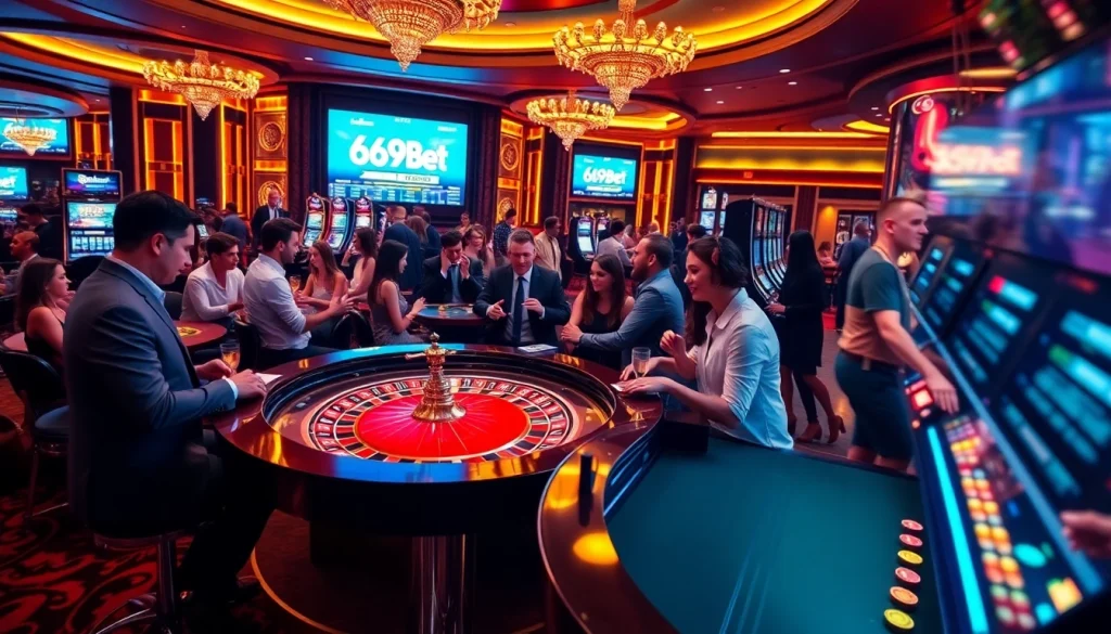 A vibrant casino scene showcasing excitement with players engaging in 669bet roulette and slot machines.