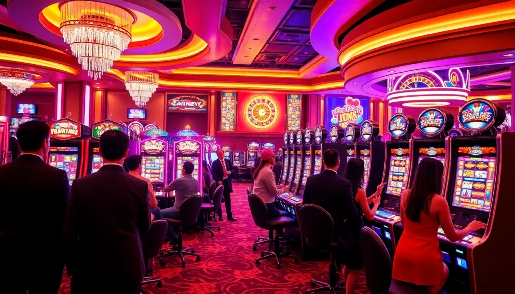 Experience thrilling gameplay at a 슬롯사이트 with vibrant slot machines and enthusiastic players celebrating wins.