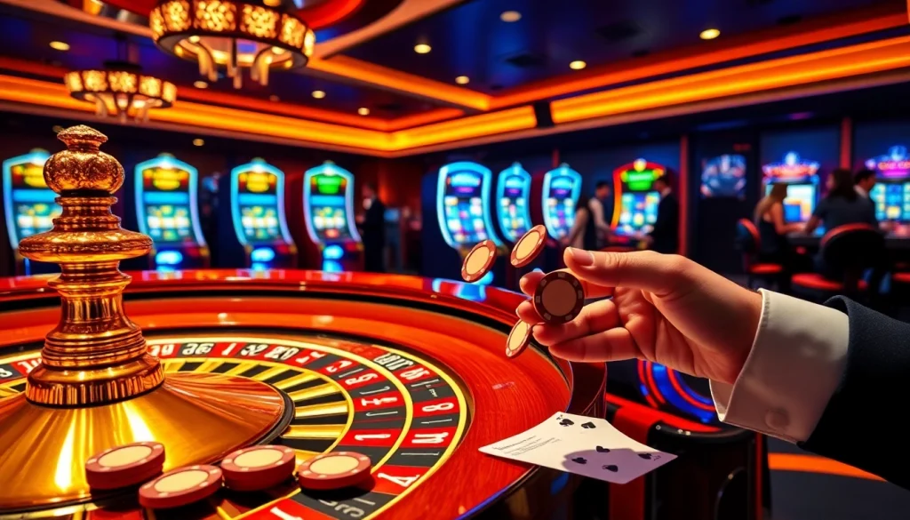 Players strategizing at 13win casino tables with vibrant slot machines in the background.