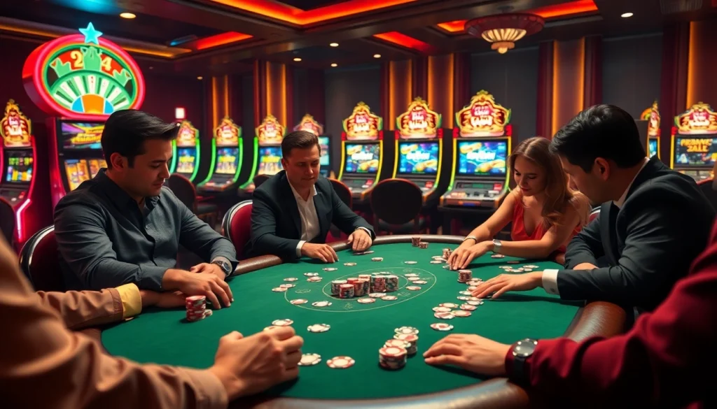 Professional players enjoying a high-stakes poker game at 32win casino, surrounded by vibrant slots and chips.