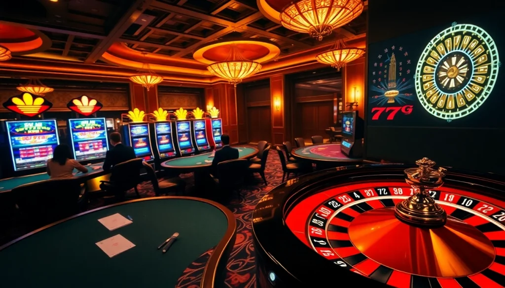 Experience the excitement of live betting at 777G with luxurious casino tables and vibrant slot machines.