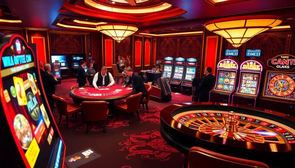 Experience the excitement of game go8 at a luxurious casino table with vibrant slot machines.