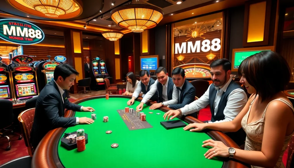 Players enjoying a lively casino game at MM88, surrounded by vibrant poker chips and glamorous slot machines.