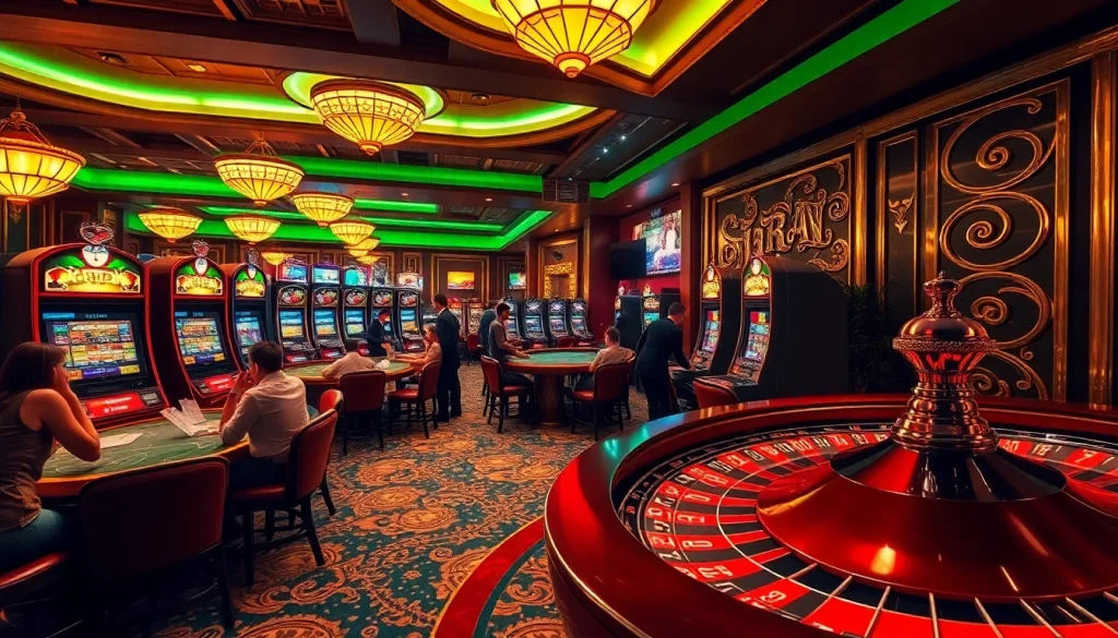 Gamblers enjoying sports betting at Nhà cái OK9’s vibrant casino scene with tables and colorful slot machines.