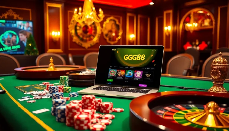 Engaging gambling scene featuring https://gg88.bz/ with vibrant poker chips and roulette wheel.
