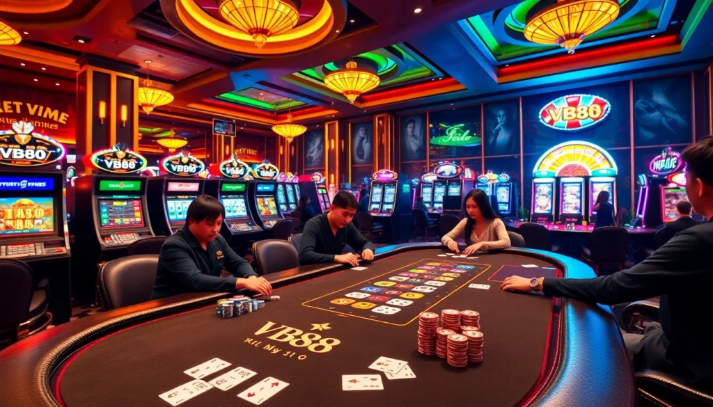 Exciting VB88 casino scene showcasing an elegant poker table and vibrant gaming atmosphere.