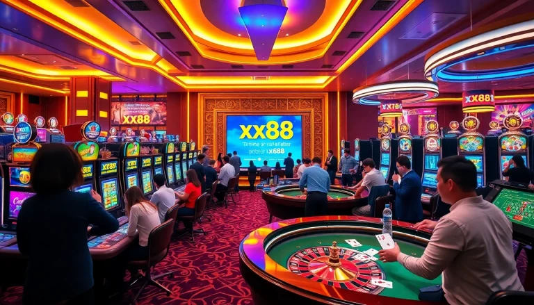 Experience thrilling gameplay at xx88’s luxurious casino, featuring diverse games and enthusiastic players.