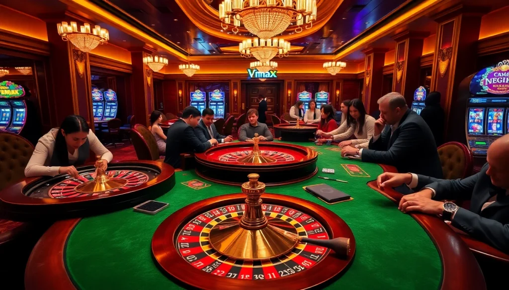 Thrilling casino scene showcasing vibrant tables and players engaged in a Vmax poker game.