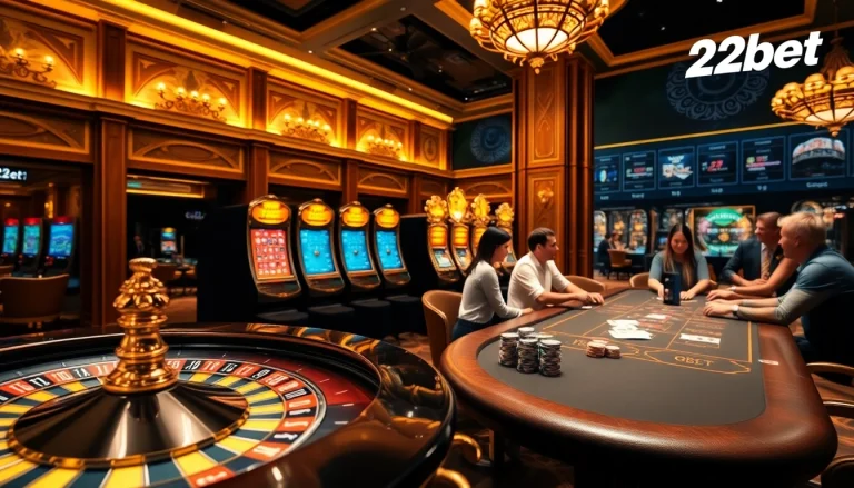 Exciting casino experience at 22bet.style with poker tables and vibrant slot machines.