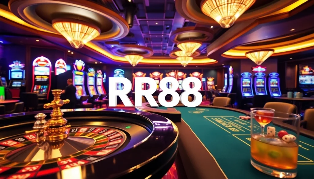 RR88 gaming experience with roulette, poker tables, and vibrant slot machines