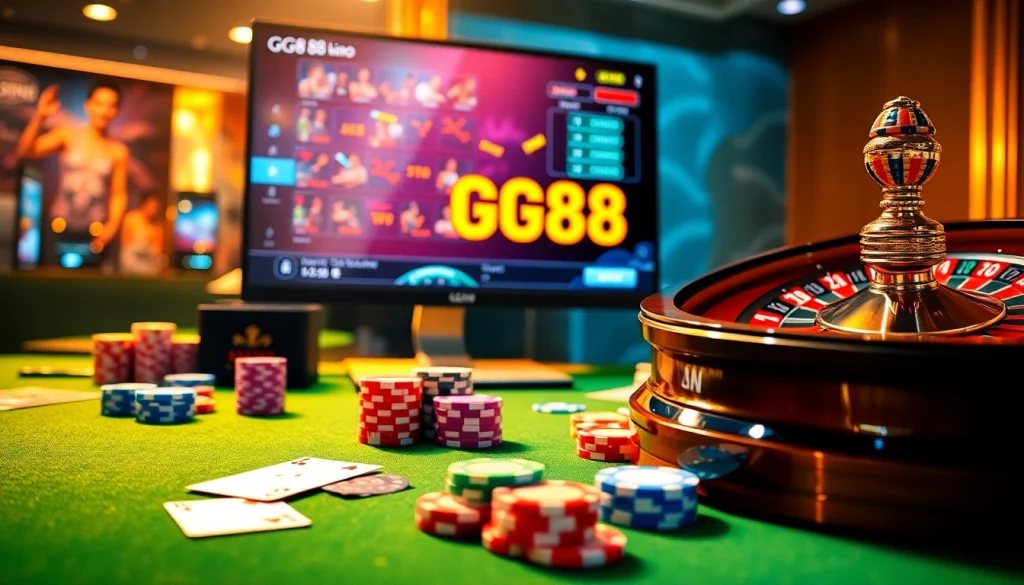 Experience the thrill of GG88 with vibrant casino scenes featuring poker chips and roulette wheels.