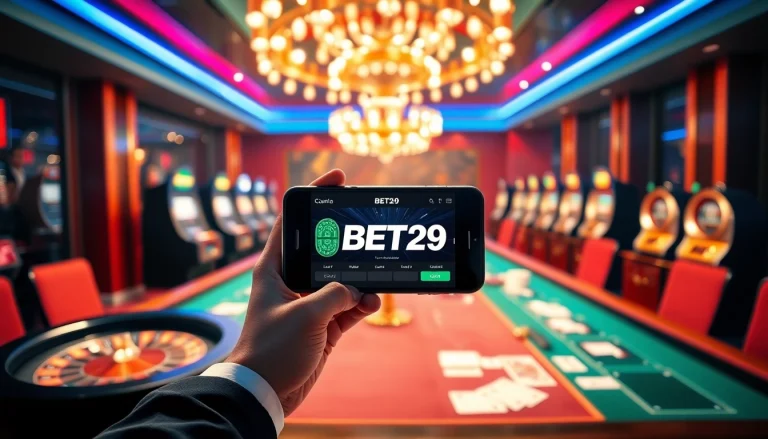 Engaging casino scene with BET29 app in action showcasing vibrant roulette and poker table excitement.