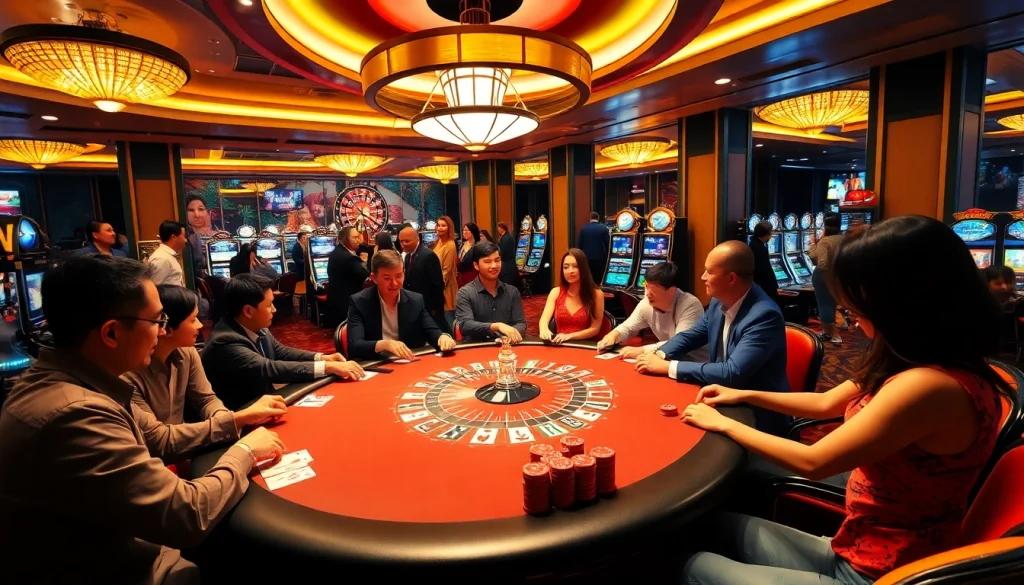 Exciting game at net88x.net with players at the poker table, chips, and a spinning roulette wheel.