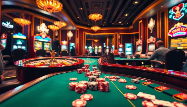 Exciting casino scene showcasing 5Z7779 games at a poker table with vibrant roulette wheel.
